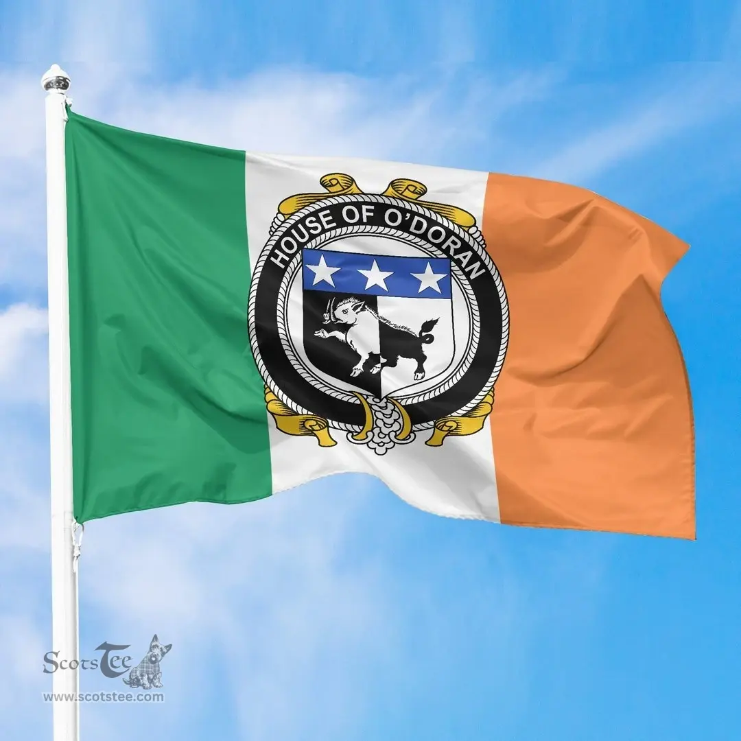 Irish House of O'DORAN Ireland Flag and Irish Family Crest Green, White and Orange Flags