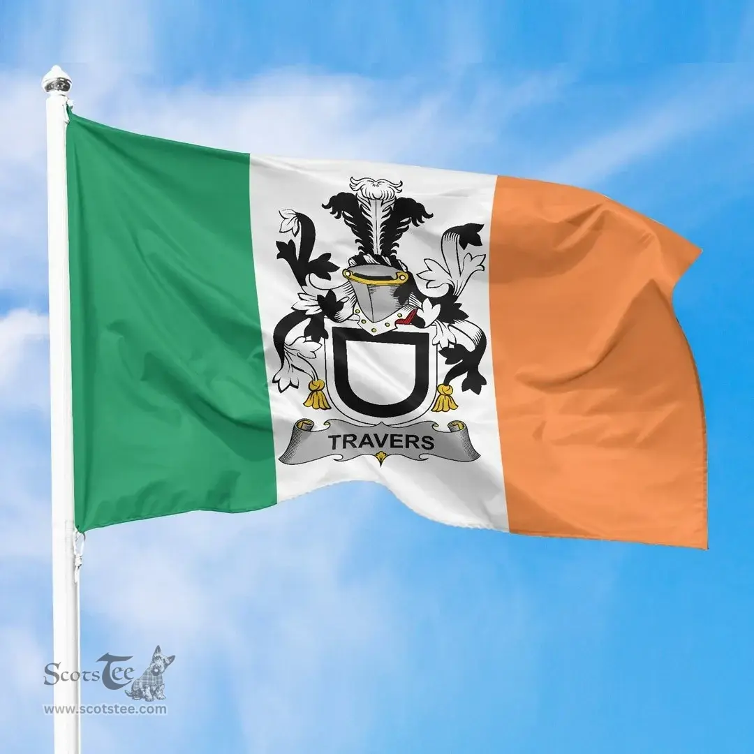 Irish Travers Ireland Flag and Irish Family Crest Green, White and Orange Flags