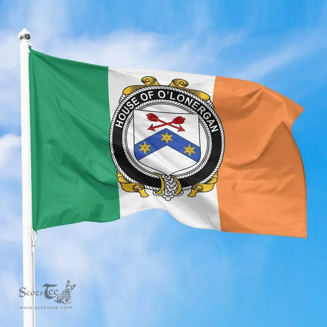 Irish House of O'LONERGAN Ireland Flag and Irish Family Crest Green, White and Orange Flags