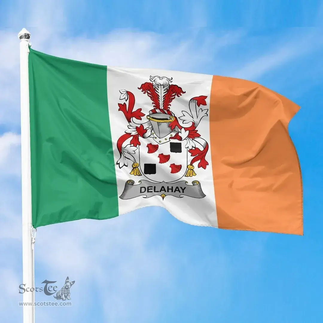 Irish Delahay Ireland Flag and Irish Family Crest Green, White and Orange Flags