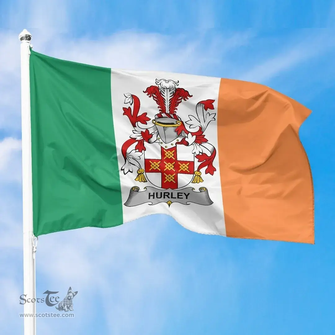 Irish Hurley or O'Hurley Ireland Flag and Irish Family Crest Green, White and Orange Flags
