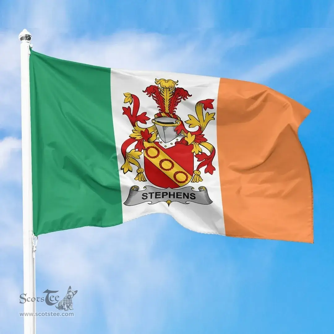 Irish Stephens Ireland Flag and Irish Family Crest Green, White and Orange Flags