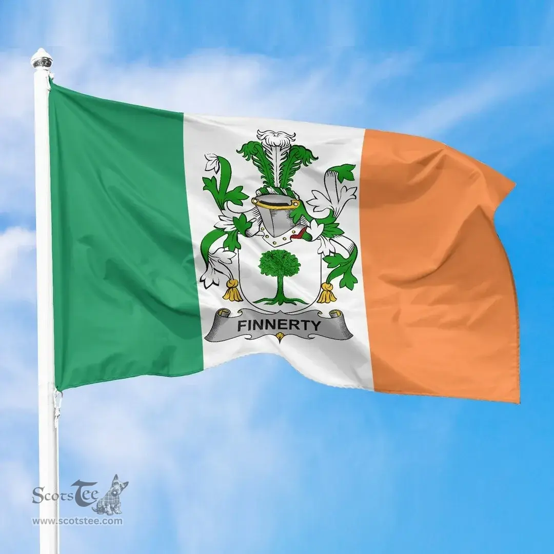 Irish Finnegan or O'Finnegan Ireland Flag and Irish Family Crest Green, White and Orange Flags