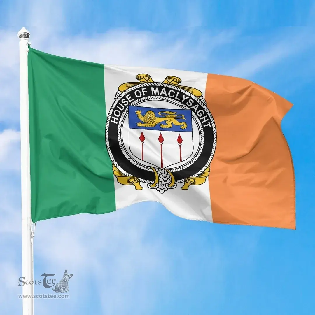 Irish House of MACLYSAGHT Ireland Flag and Irish Family Crest Green, White and Orange Flags