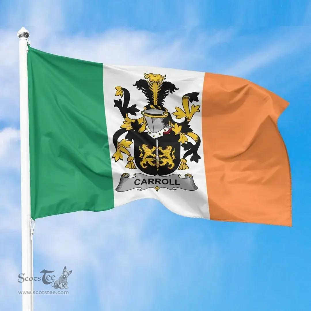 Irish Carroll or O'Carroll Ireland Flag and Irish Family Crest Green, White and Orange Flags