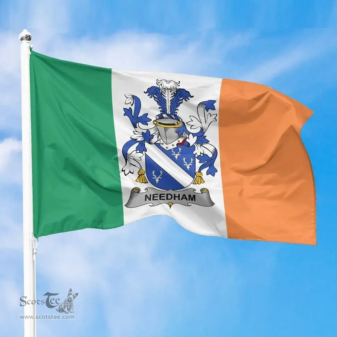 Irish Needham or O'Nee Ireland Flag and Irish Family Crest Green, White and Orange Flags