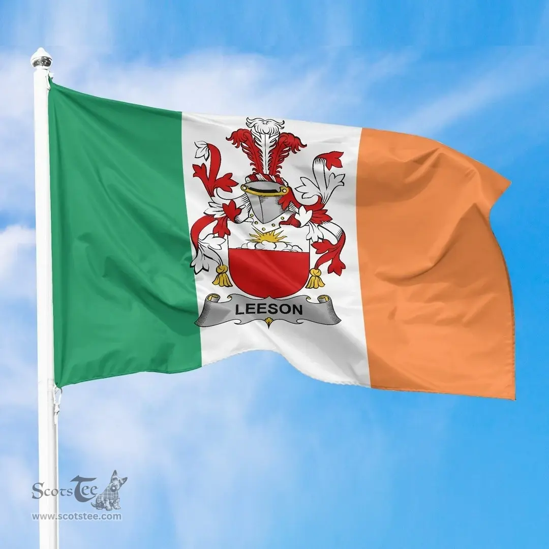 Irish Lees or McAleese Ireland Flag and Irish Family Crest Green, White and Orange Flags