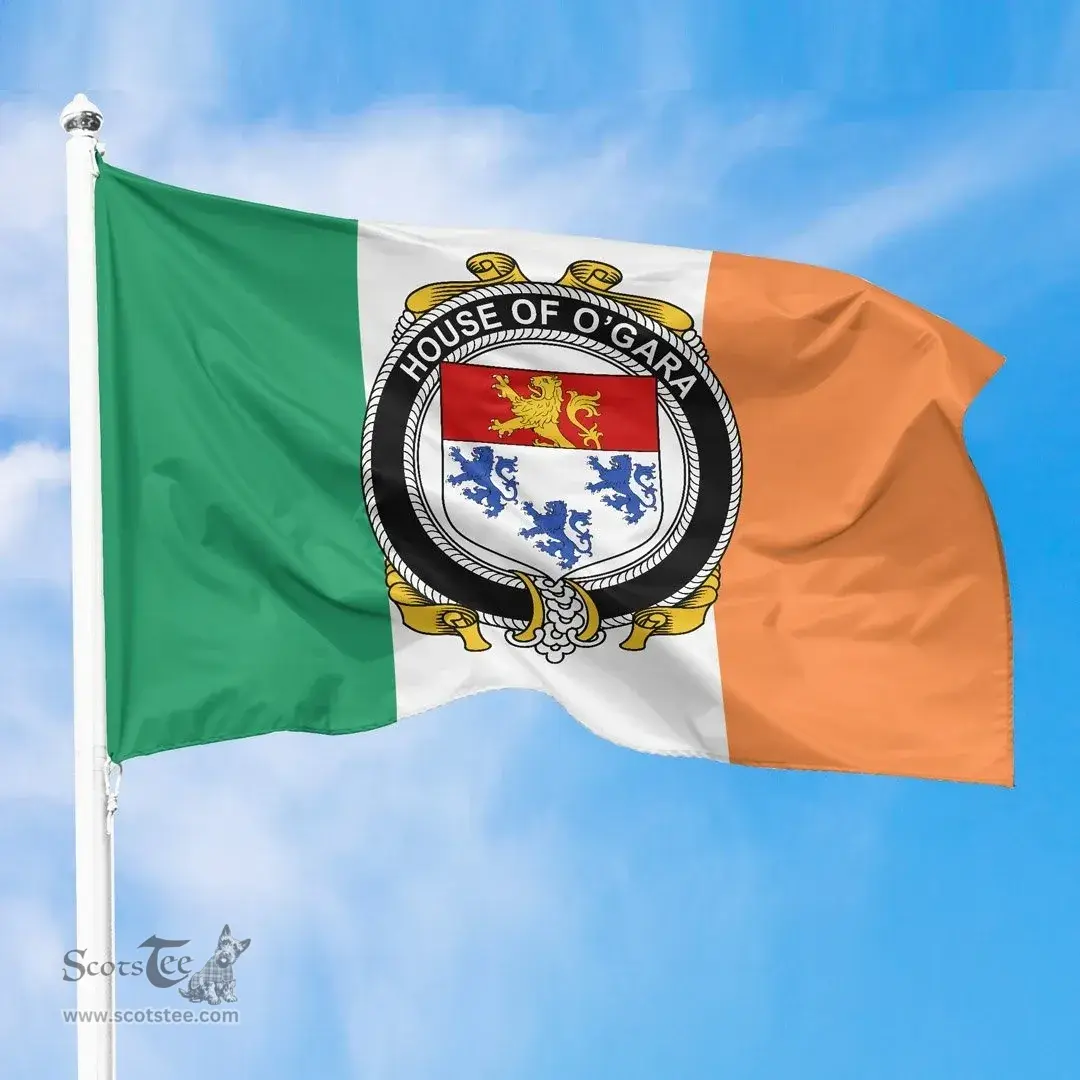 Irish House of O'GARA Ireland Flag and Irish Family Crest Green, White and Orange Flags