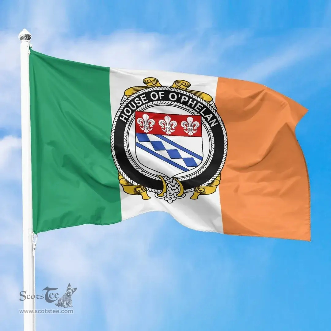 Irish House of O'PHELAN Ireland Flag and Irish Family Crest Green, White and Orange Flags
