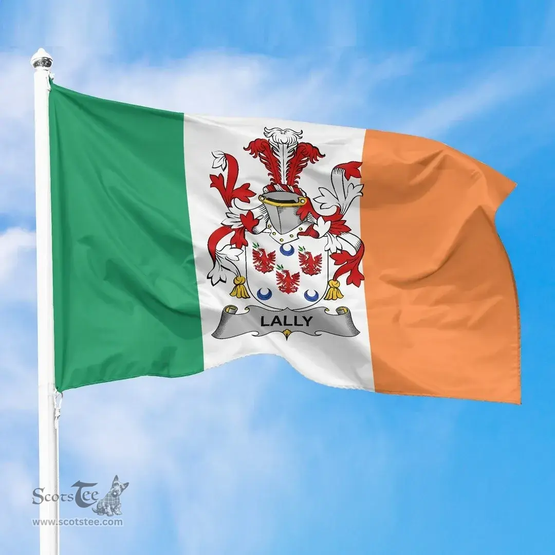 Irish Lally or O'Mullally Ireland Flag and Irish Family Crest Green, White and Orange Flags
