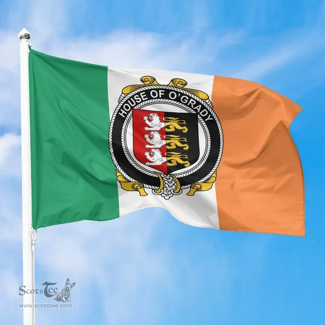 Irish House of O'GRADY Ireland Flag and Irish Family Crest Green, White and Orange Flags