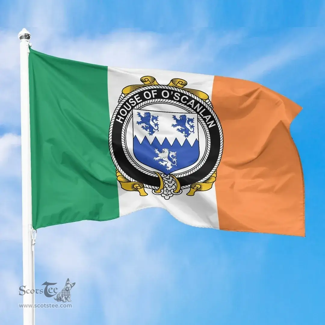 Irish House of O'SCANLAN (Munster) Ireland Flag and Irish Family Crest Green, White and Orange Flags