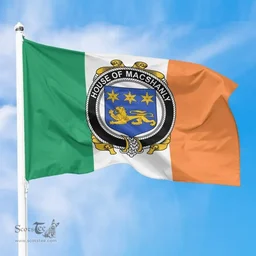 Irish House of MACSHANLY Ireland Flag and Irish Family Crest Green, White and Orange Flags