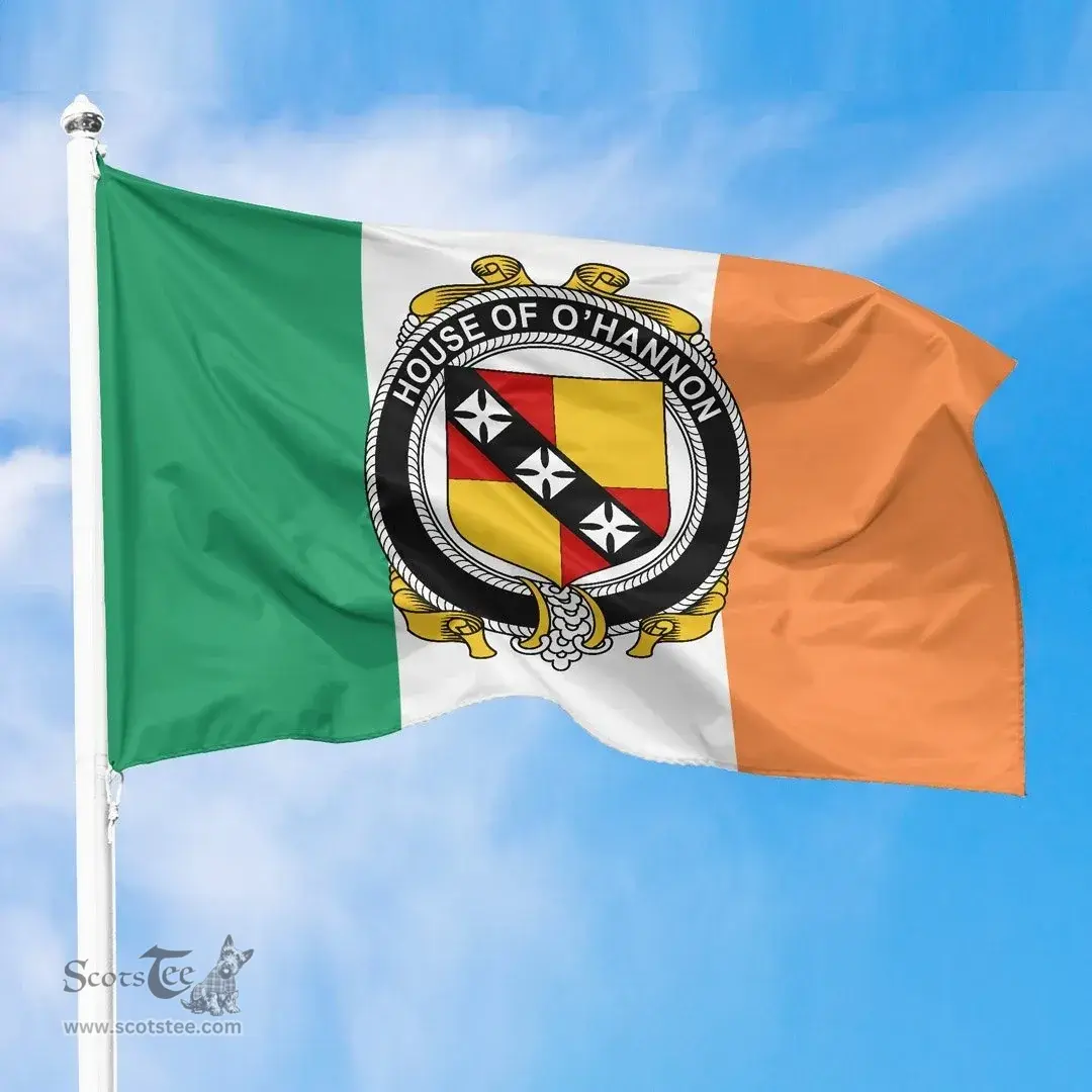 Irish House of O'HANNON Ireland Flag and Irish Family Crest Green, White and Orange Flags