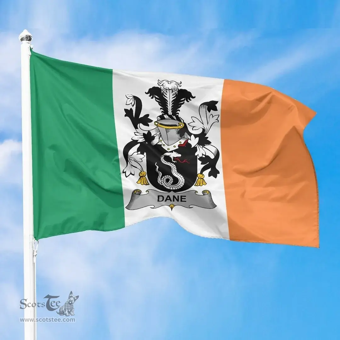 Irish Dane or O'Dane Ireland Flag and Irish Family Crest Green, White and Orange Flags