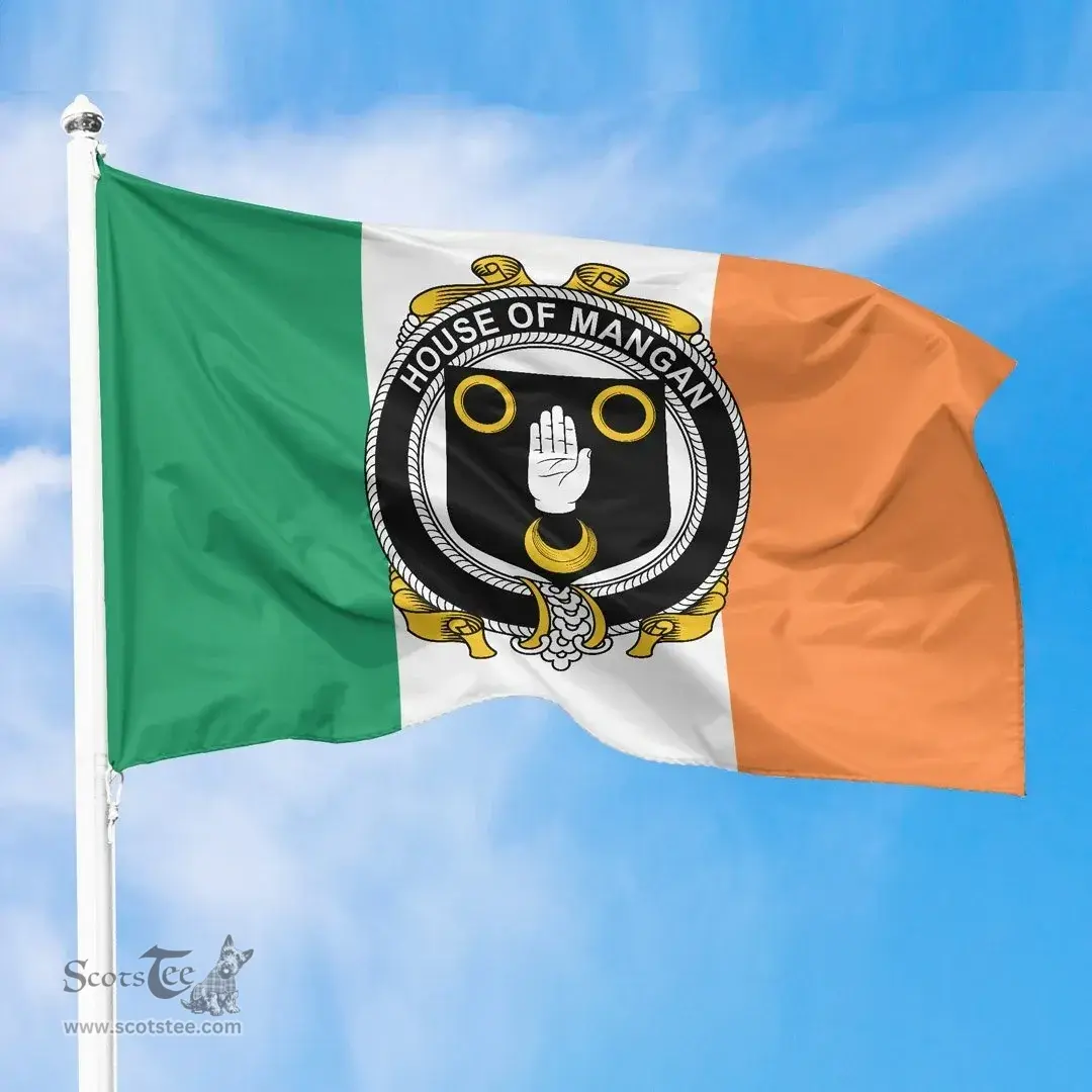 Irish House of MANGAN Ireland Flag and Irish Family Crest Green, White and Orange Flags