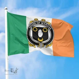 Irish House of MANGAN Ireland Flag and Irish Family Crest Green, White and Orange Flags
