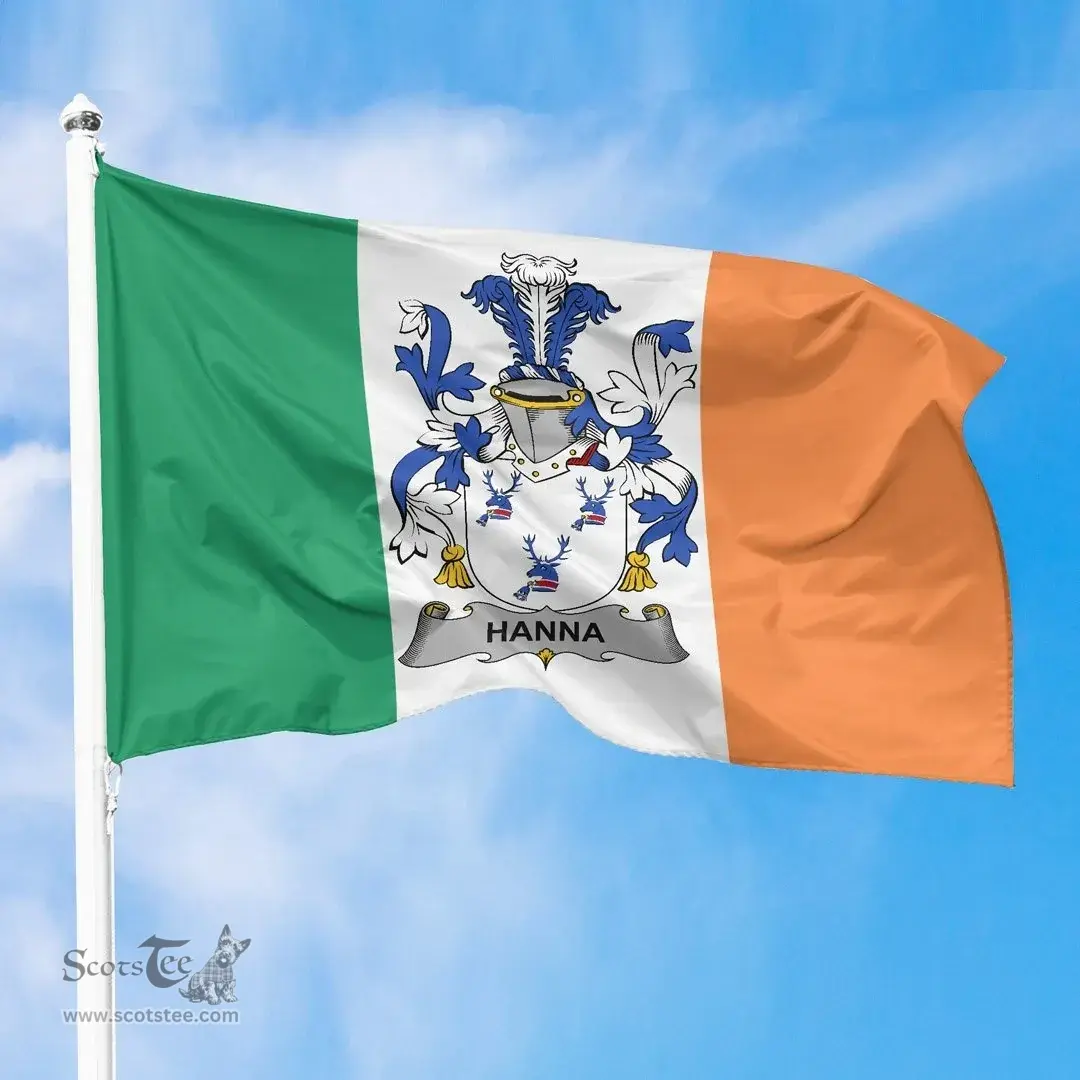 Irish Hanna or O'Hanna Ireland Flag and Irish Family Crest Green, White and Orange Flags