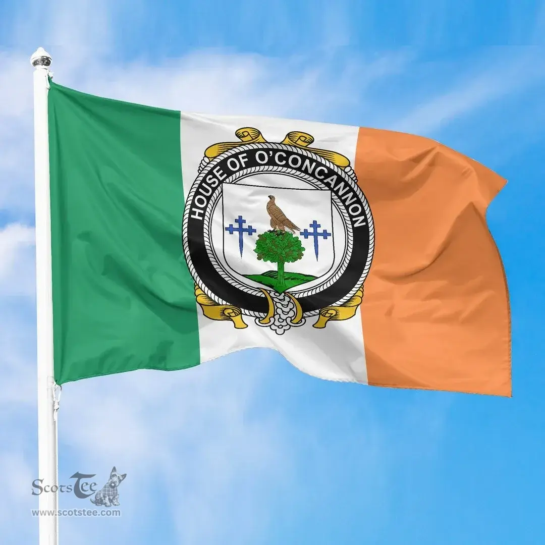 Irish House of O'CONCANNON Ireland Flag and Irish Family Crest Green, White and Orange Flags