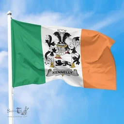 Irish Kennelly or O'Kineally Ireland Flag and Irish Family Crest Green, White and Orange Flags