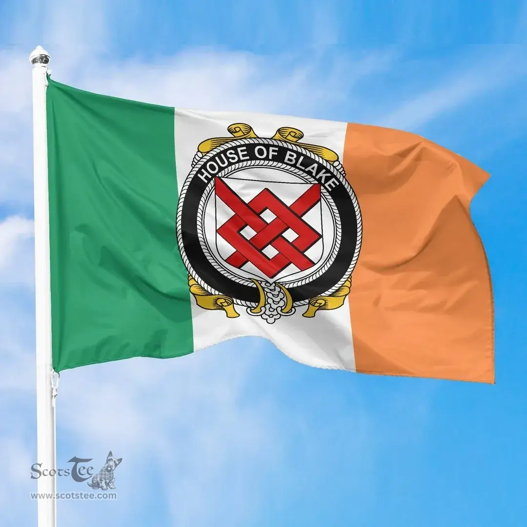 Irish House of BLAKE Ireland Flag and Irish Family Crest Green, White and Orange Flags