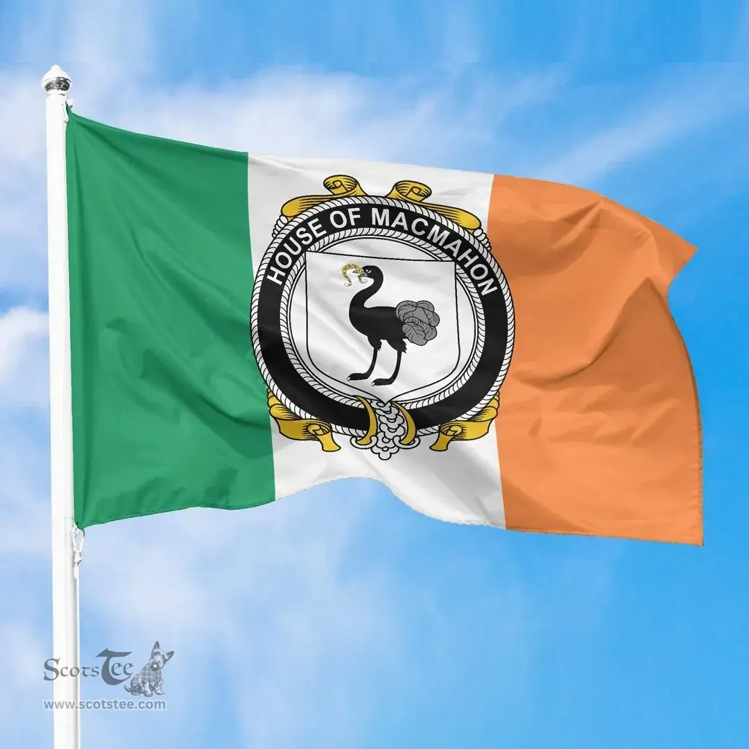 Irish House of MACMAHON (Oriel) Ireland Flag and Irish Family Crest Green, White and Orange Flags