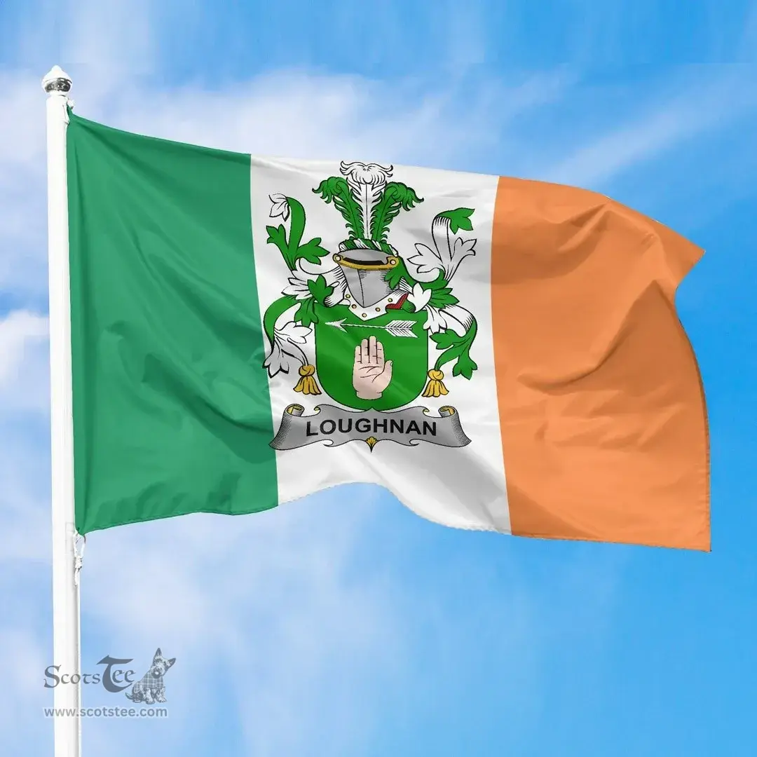 Irish Loughnan or O'Loughnan Ireland Flag and Irish Family Crest Green, White and Orange Flags