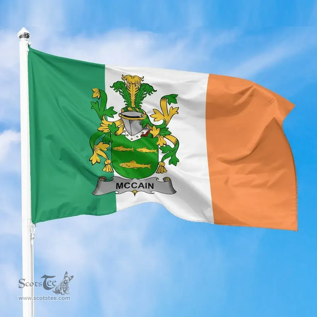 Irish McCain or O'Kane Ireland Flag and Irish Family Crest Green, White and Orange Flags