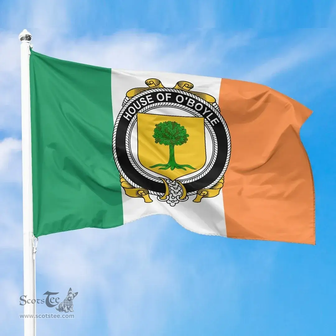 Irish House of O'BOYLE Ireland Flag and Irish Family Crest Green, White and Orange Flags
