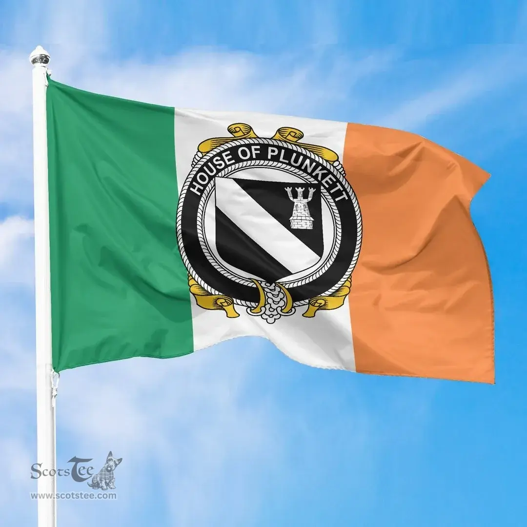 Irish House of PLUNKETT Ireland Flag and Irish Family Crest Green, White and Orange Flags