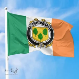 Irish House of O'CLERY Ireland Flag and Irish Family Crest Green, White and Orange Flags