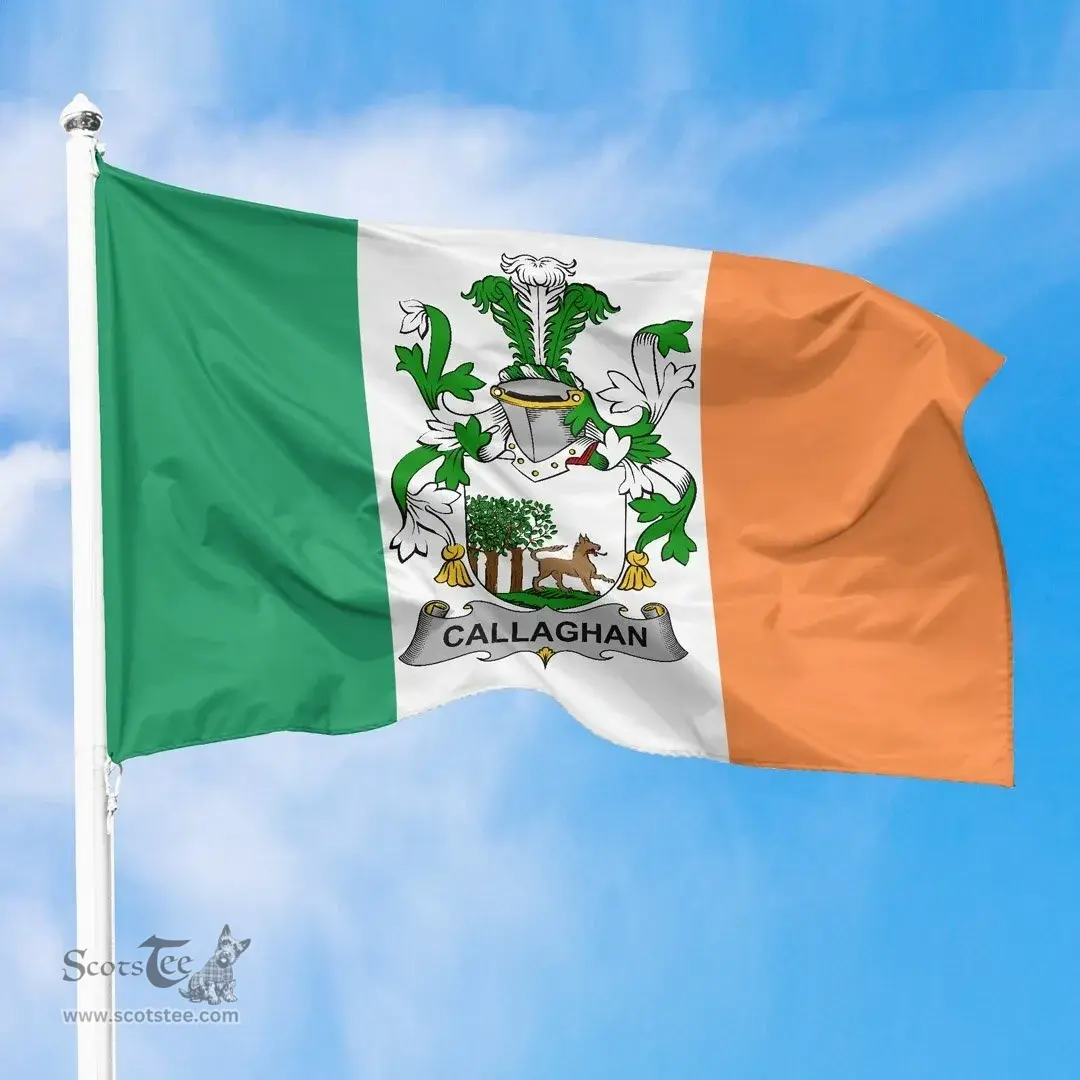 Irish Callaghan or O'Callaghan Ireland Flag and Irish Family Crest Green, White and Orange Flags