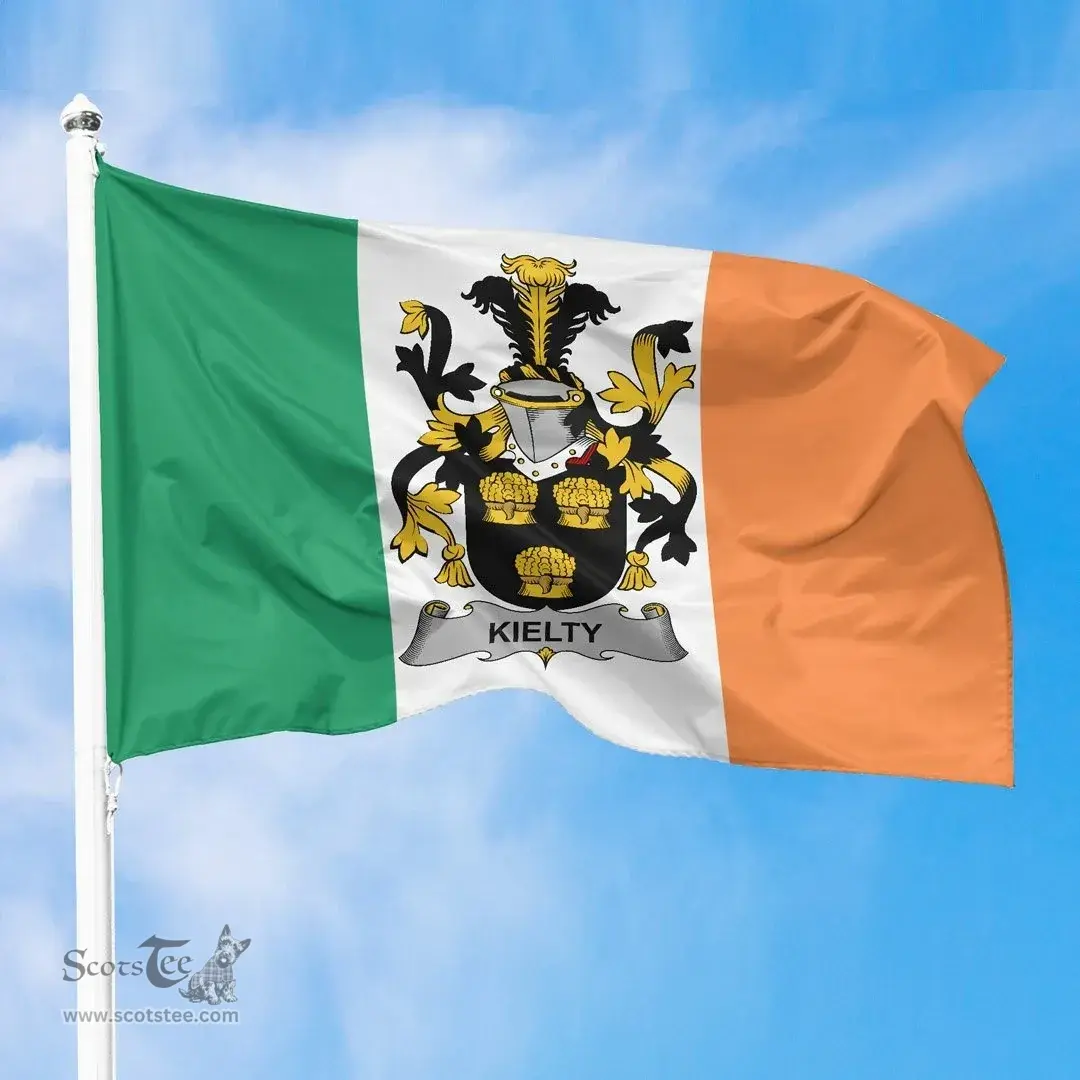 Irish Kielty ot O'Quilty Ireland Flag and Irish Family Crest Green, White and Orange Flags