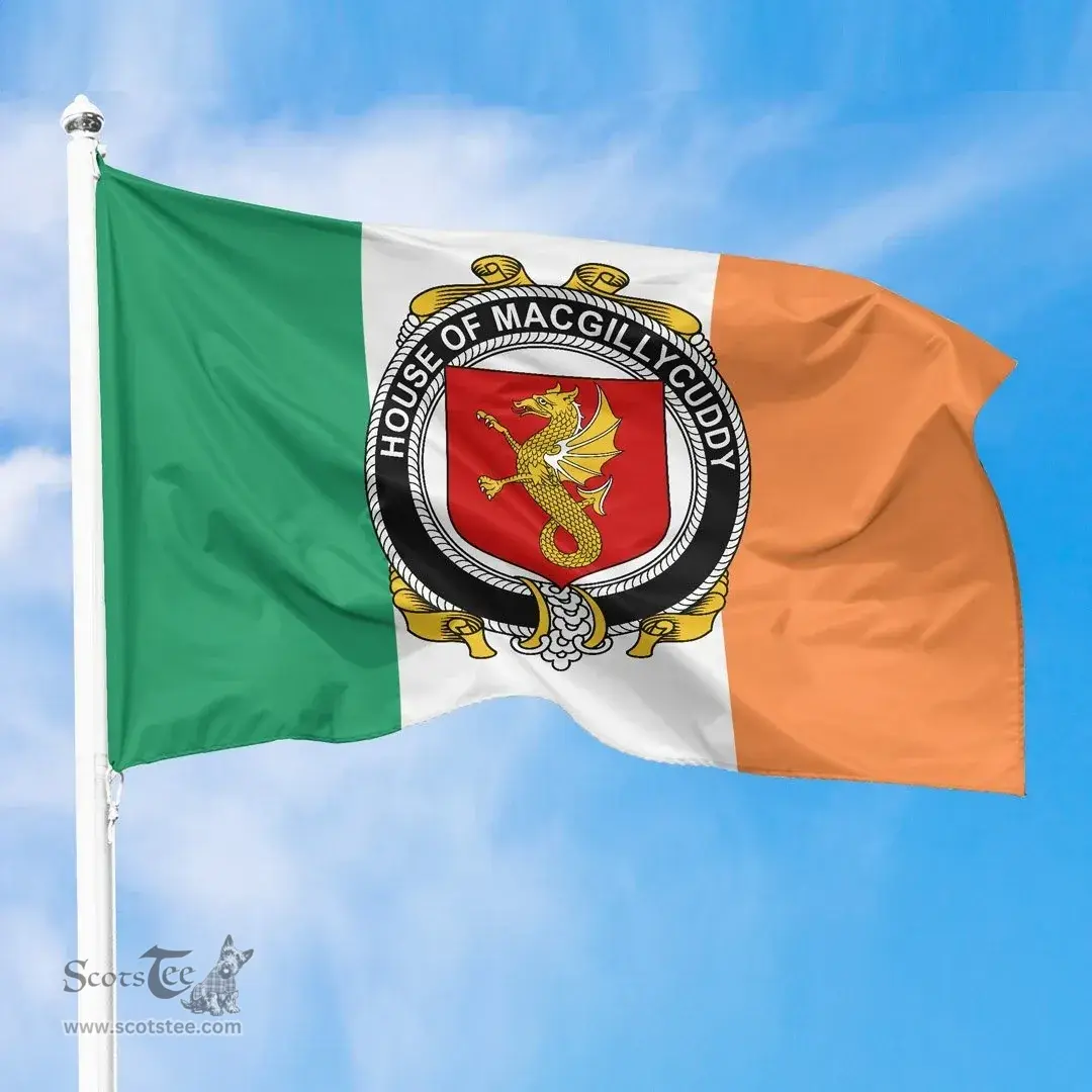 Irish House of MACGILLYCUDDY Ireland Flag and Irish Family Crest Green, White and Orange Flags