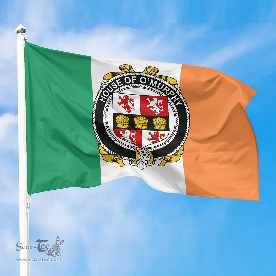 Irish House of O'MURPHY (Muskerry) Ireland Flag and Irish Family Crest Green, White and Orange Flags