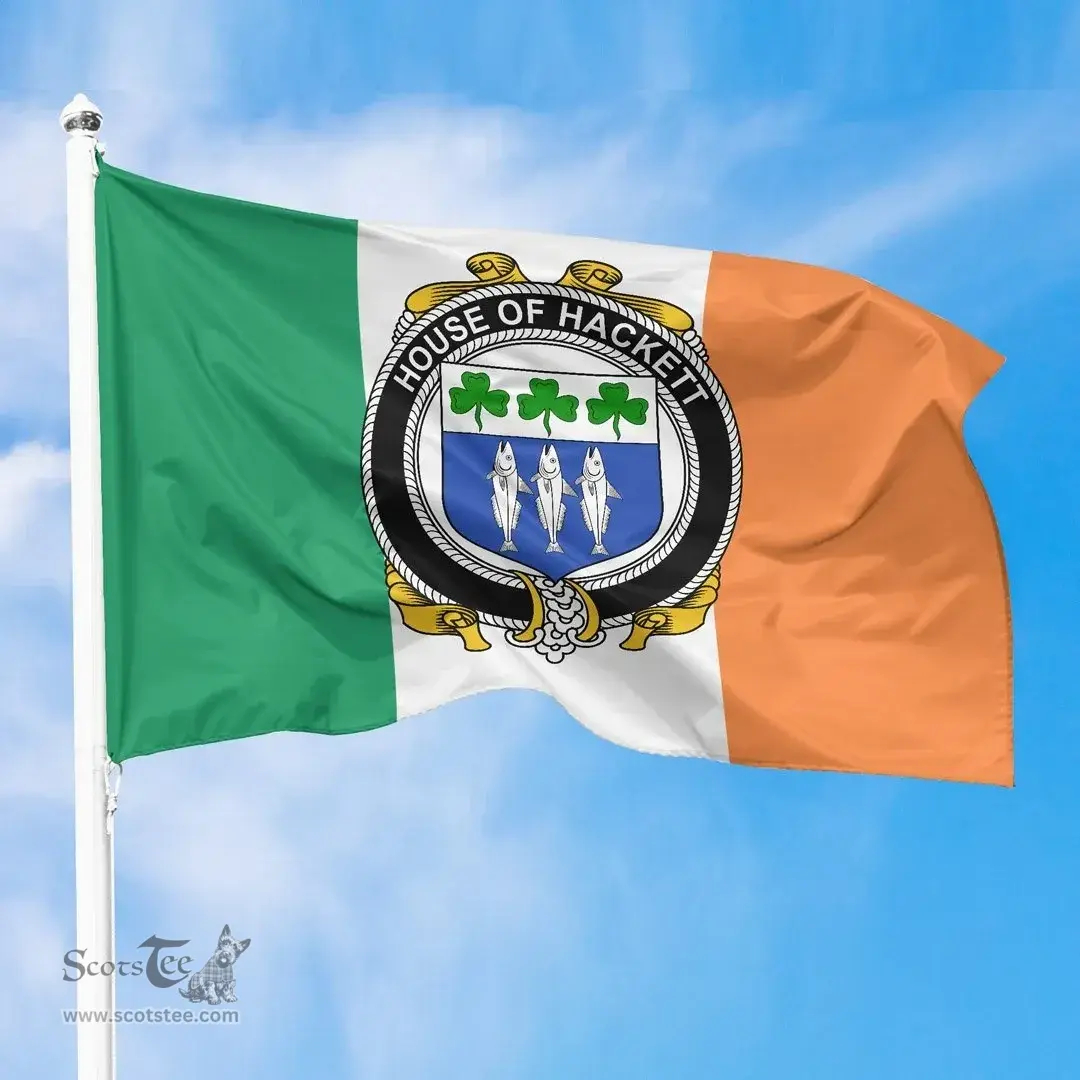 Irish House of HACKETT Ireland Flag and Irish Family Crest Green, White and Orange Flags