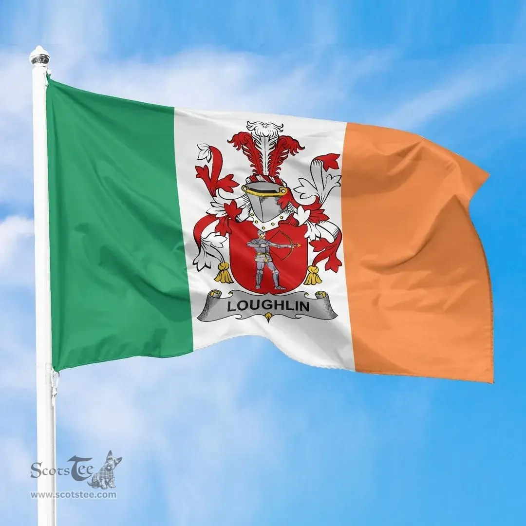 Irish Loughlin or O'Loughlin Ireland Flag and Irish Family Crest Green, White and Orange Flags