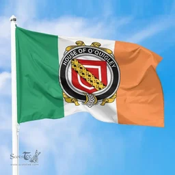 Irish House of O'QUIGLEY Ireland Flag and Irish Family Crest Green, White and Orange Flags
