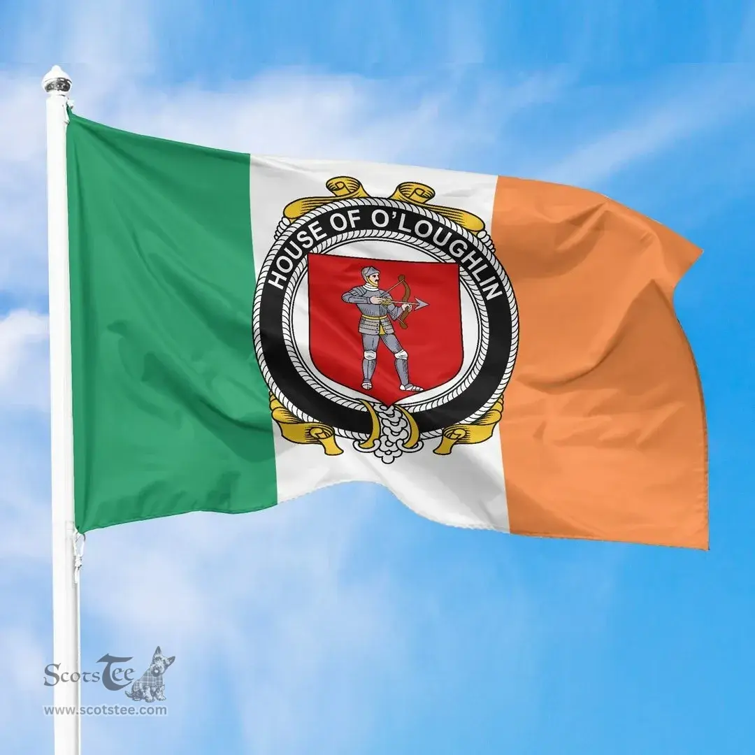 Irish House of O'LOUGHLIN Ireland Flag and Irish Family Crest Green, White and Orange Flags