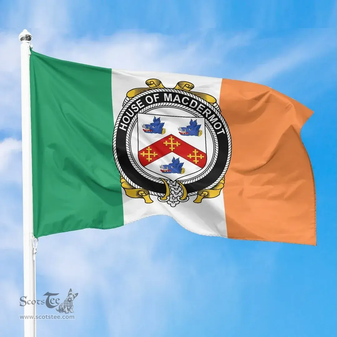 Irish House of MACDERMOT Ireland Flag and Irish Family Crest Green, White and Orange Flags