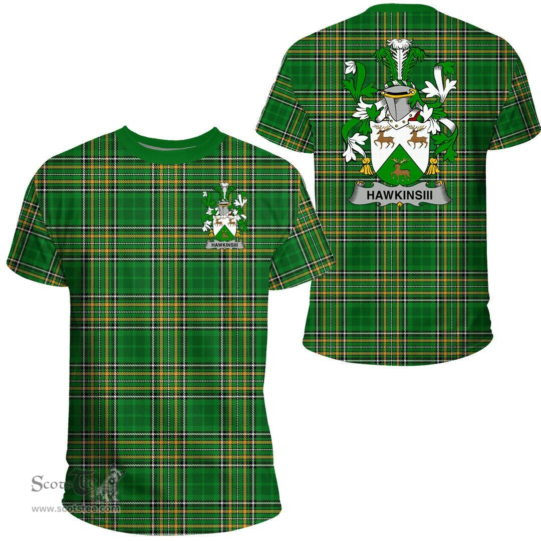 Irish HawkinsIII Coat of Arms Family Crest Ireland T Shirt Irish National Tartan Irish County T Shirts