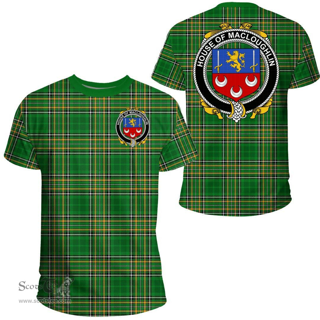 Irish House of MACLOUGHLIN (Tirconnell) Coat of Arms Family Crest Ireland T Shirt Irish National Tartan Irish County T Shirts