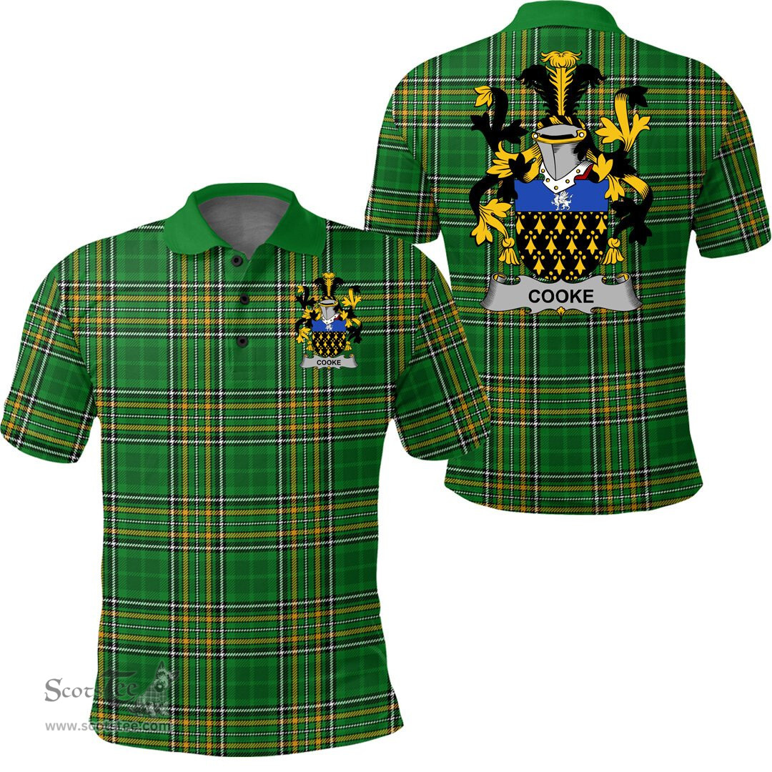 Scottish Cooke Coat of Arms Family Crest Ireland Polo Shirt - Irish National Tartan Irish County Polo Shirt