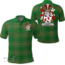 Scottish Levett or Lyvett Coat of Arms Family Crest Ireland Polo Shirt - Irish National Tartan Irish County Polo Shirt