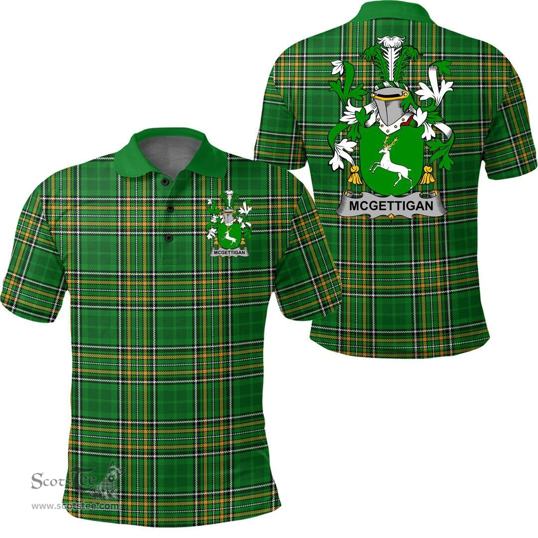 Scottish McGettigan or Gethin Coat of Arms Family Crest Ireland Polo Shirt - Irish National Tartan Irish County Polo Shirt