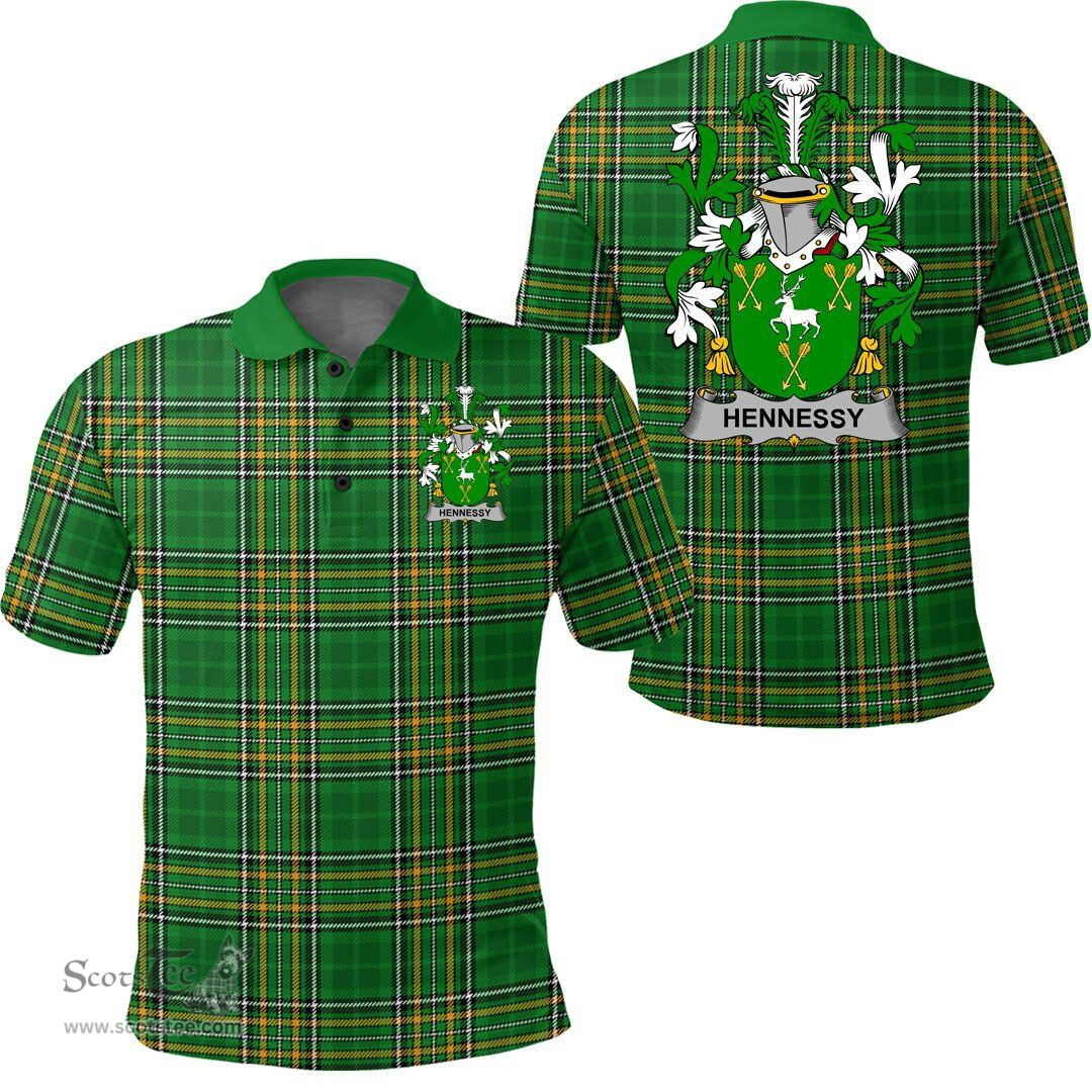 Scottish Hennessy or O'Hennessy Coat of Arms Family Crest Ireland Polo Shirt - Irish National Tartan Irish County Polo Shirt