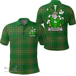 Scottish Hennessy or O'Hennessy Coat of Arms Family Crest Ireland Polo Shirt - Irish National Tartan Irish County Polo Shirt