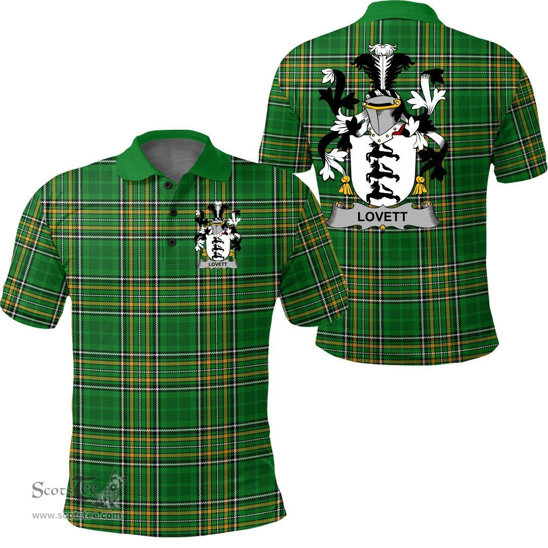 Scottish Lovett Coat of Arms Family Crest Ireland Polo Shirt - Irish National Tartan Irish County Polo Shirt