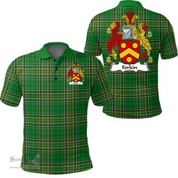Scottish Forkin Coat of Arms Family Crest Ireland Polo Shirt - Irish National Tartan Irish County Polo Shirt
