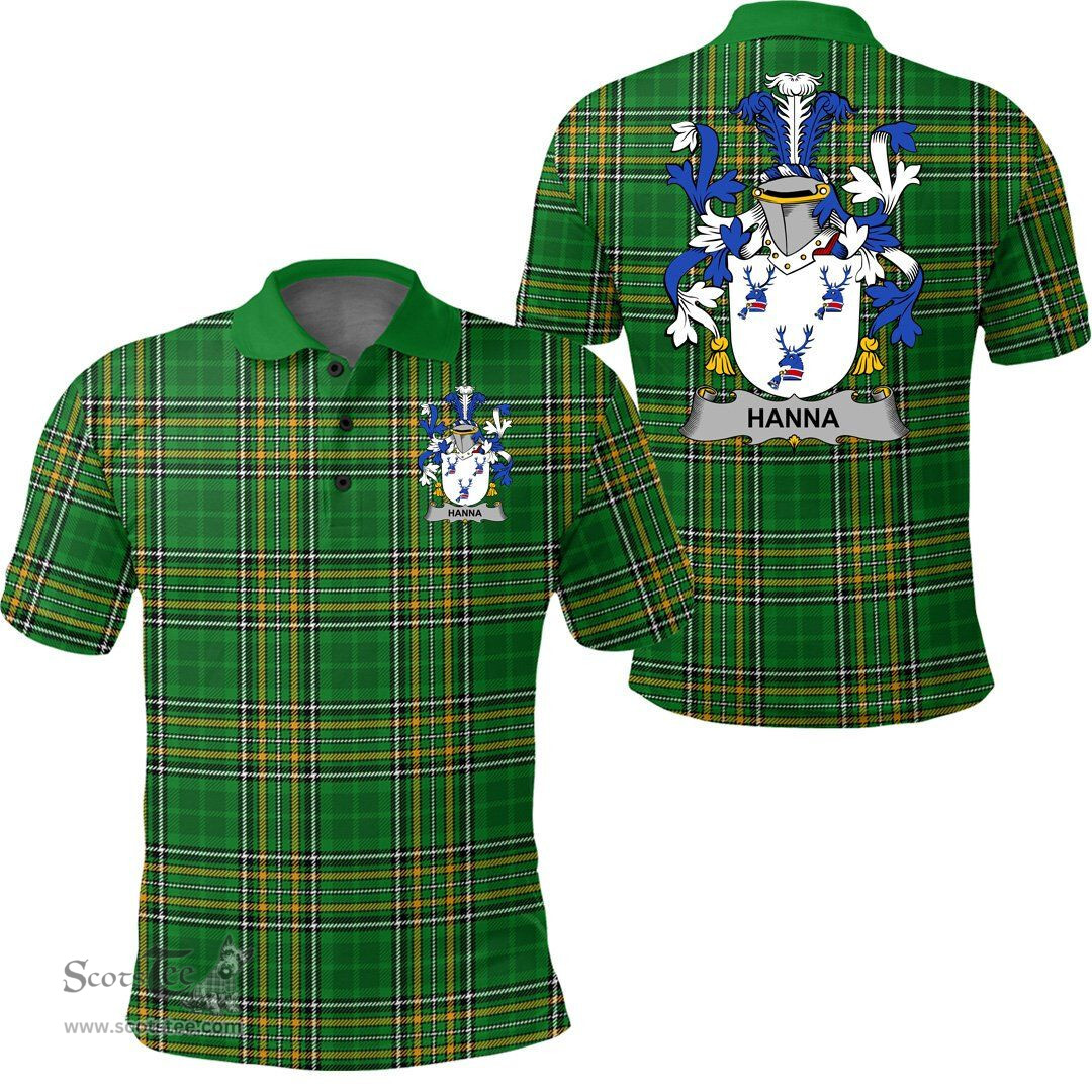 Scottish Hanna or O'Hanna Coat of Arms Family Crest Ireland Polo Shirt - Irish National Tartan Irish County Polo Shirt